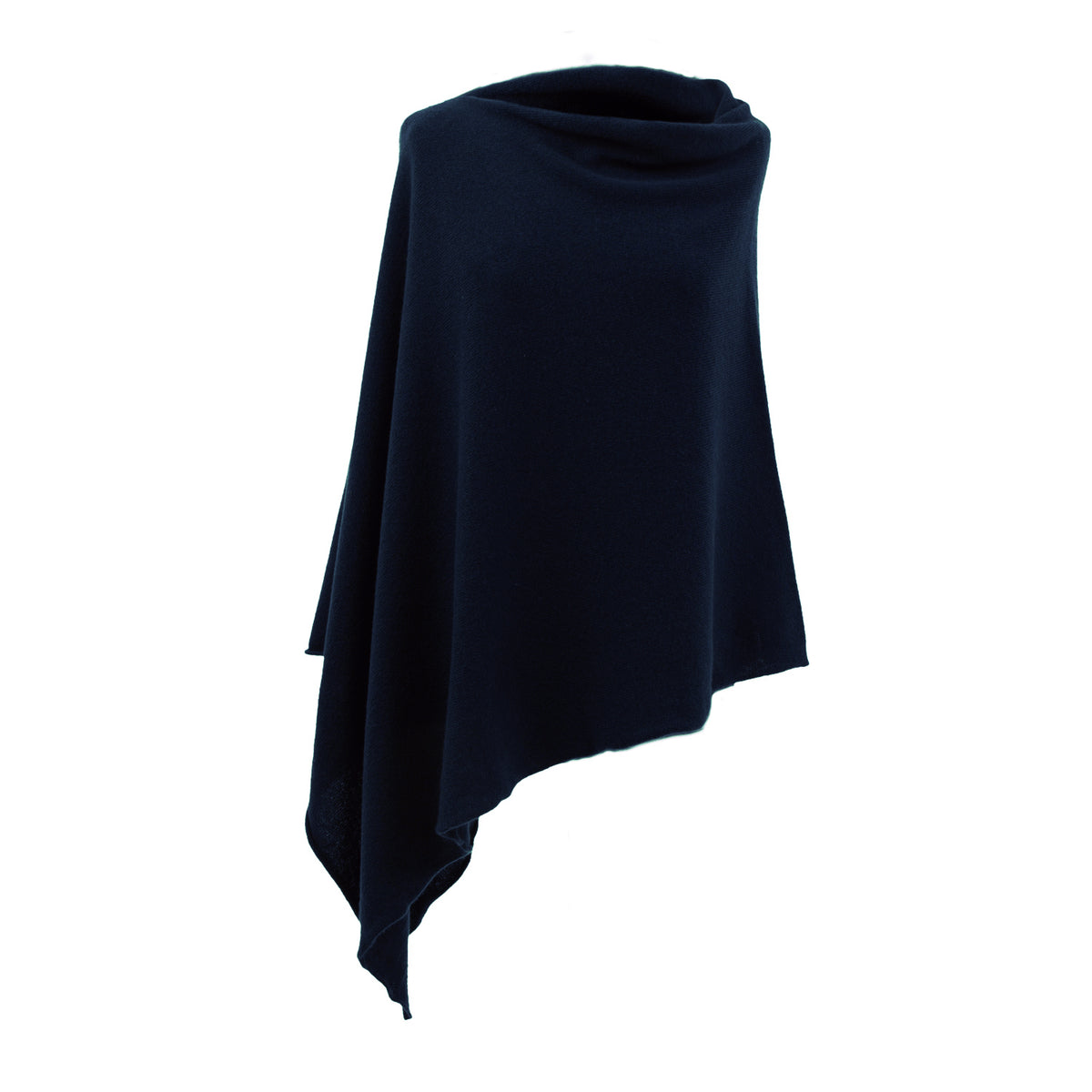 A dark navy blue knit poncho or wrap draped over a mannequin torso against a plain white background.