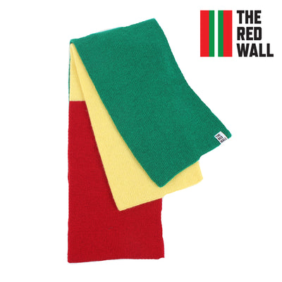 Red, Yellow and Green 'Red Wall' scarf on a white background.