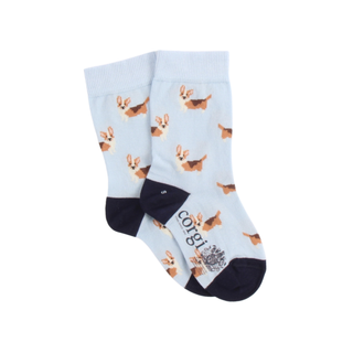 Pair of socks with corgi pattern on a light blue background