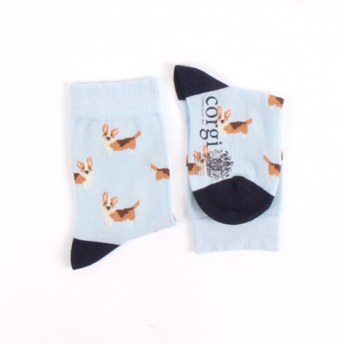 Two socks with corgi designs on a white background