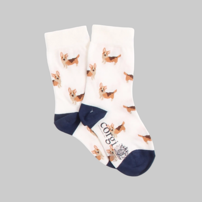 Pair of socks with corgi dog pattern on a white background