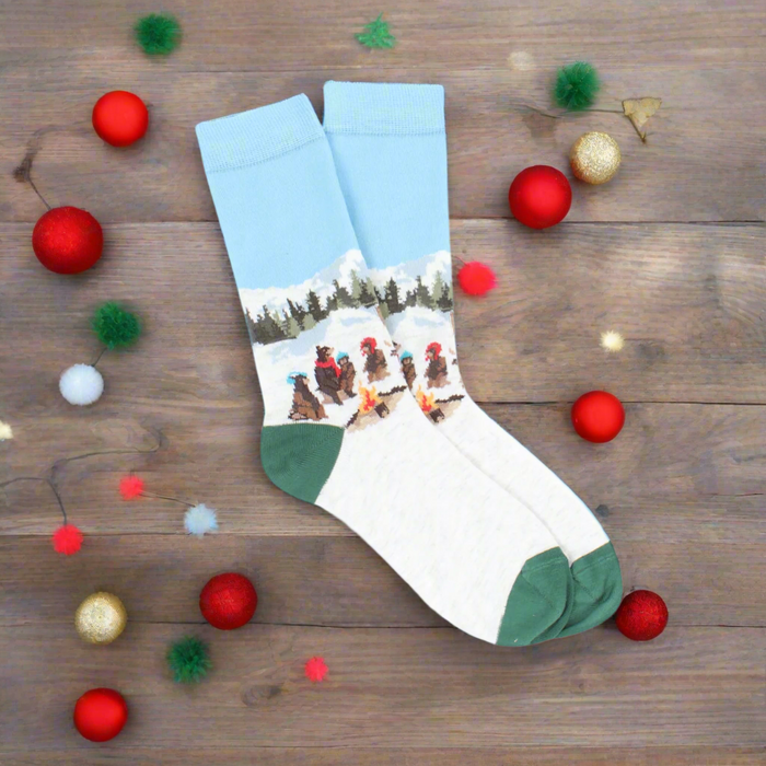 Children's Camp Fire Bear Scene Cotton Socks