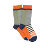 A pair of kids' socks with a colorful geometric pattern, featuring orange, green, and navy stripes.