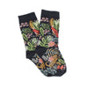 A pair of children's cotton socks with a jungle-themed pattern including colourful plants, flowers, and animals like leopards and birds on a navy background.