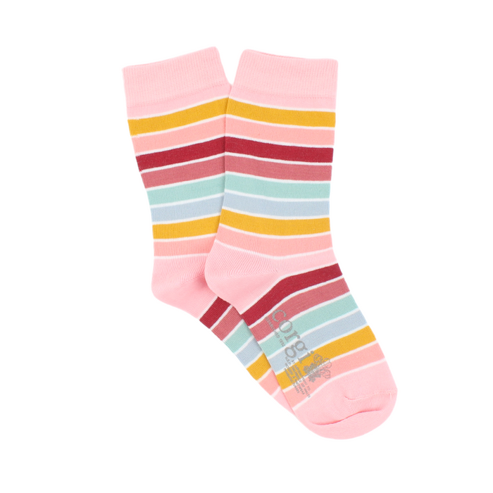 A pair of kids' striped cotton socks with multiple colors including blue, orange, and pink.