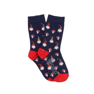 Navy blue socks with gnome and mushroom pattern and red toes and cuffs on a white background