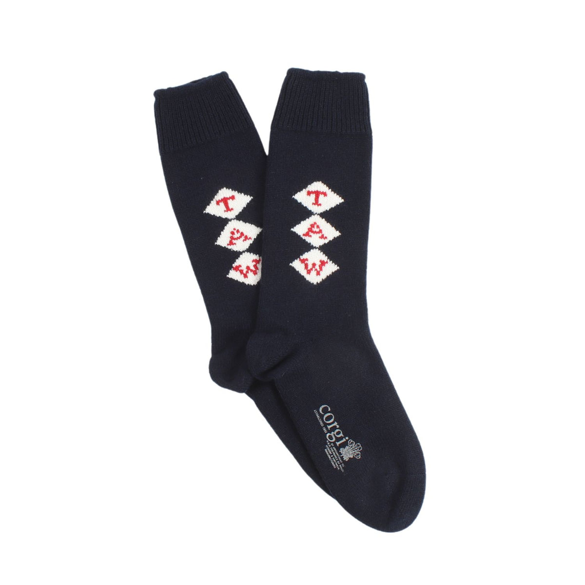 A pair of knitted socks shown flat.