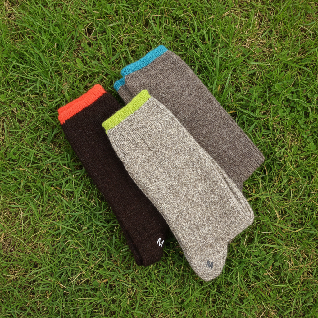 Three pairs of folded knit socks arranged diagonally on a grassy background. The front pair is heather gray with a bright lime green cuff, the middle pair is black with a bright orange cuff, and the back pair is dark gray with a bright blue cuff.