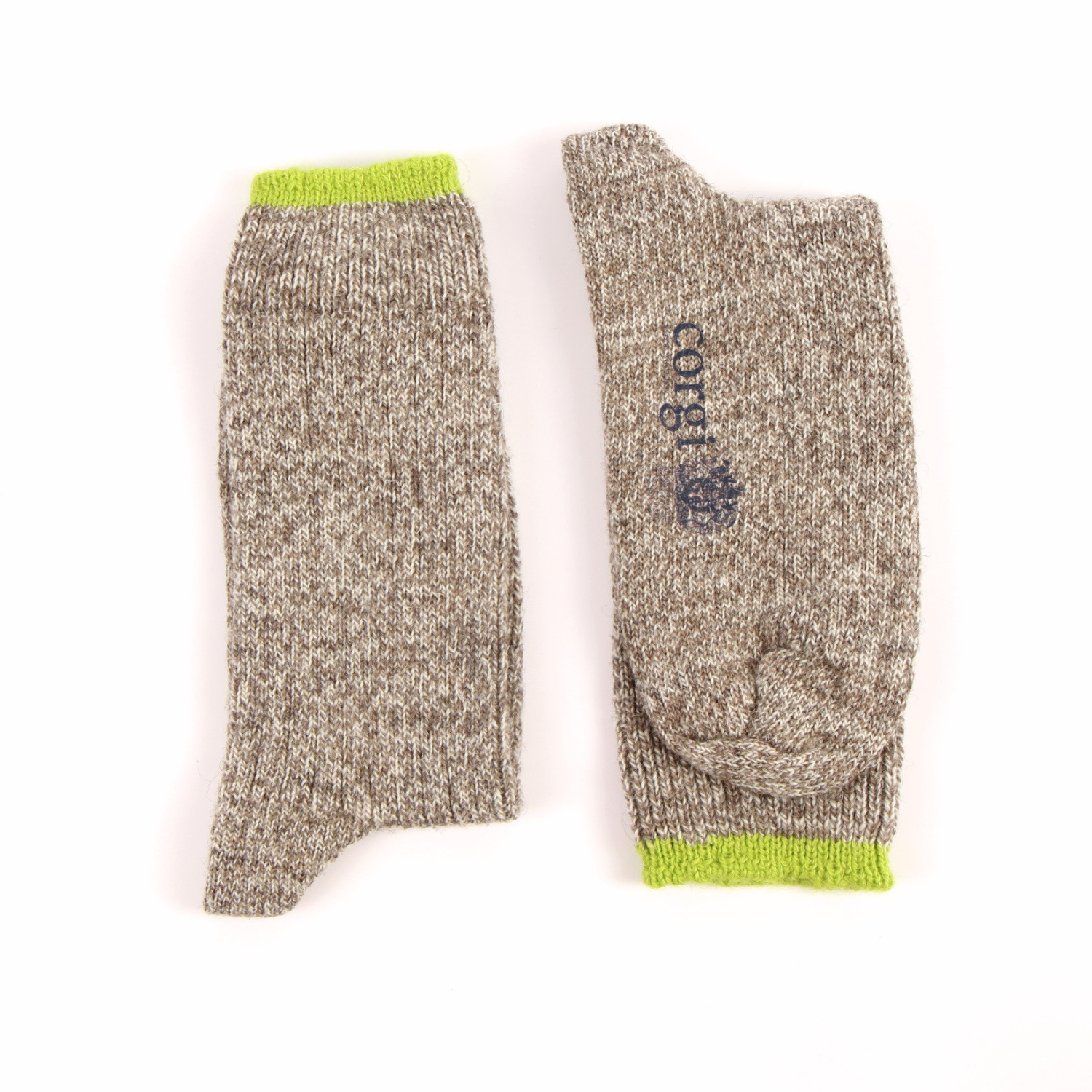 Two heathered brown and beige knit socks laid flat on a white background, one showing the toe and the other showing the foot side with a dark blue 'corgi' logo.