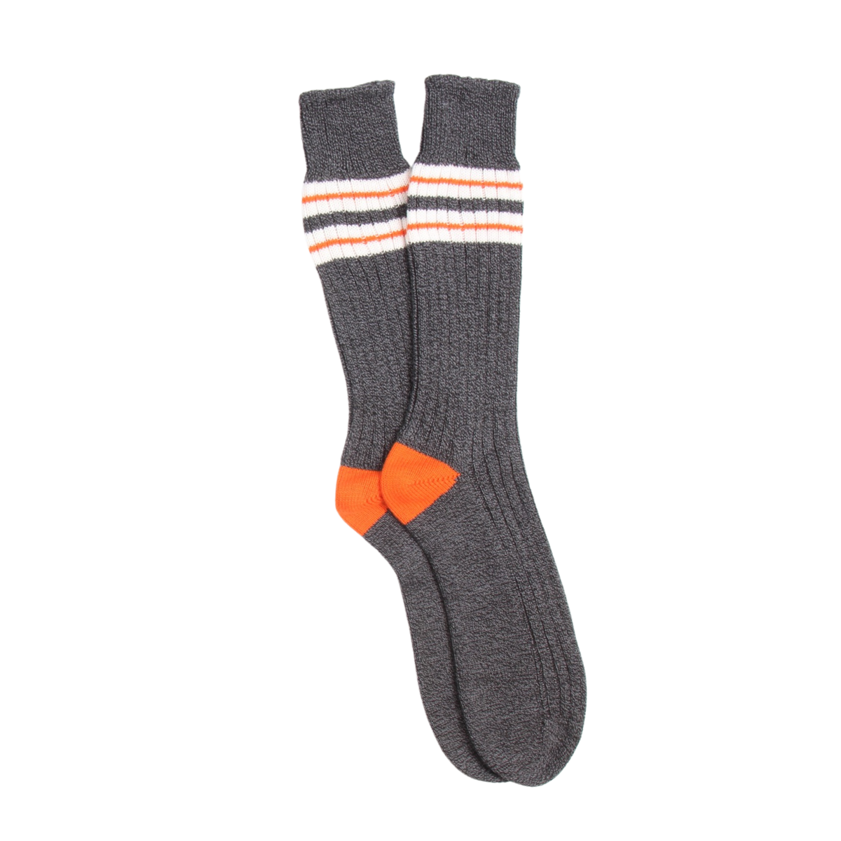 Gray socks with orange accents on a white background