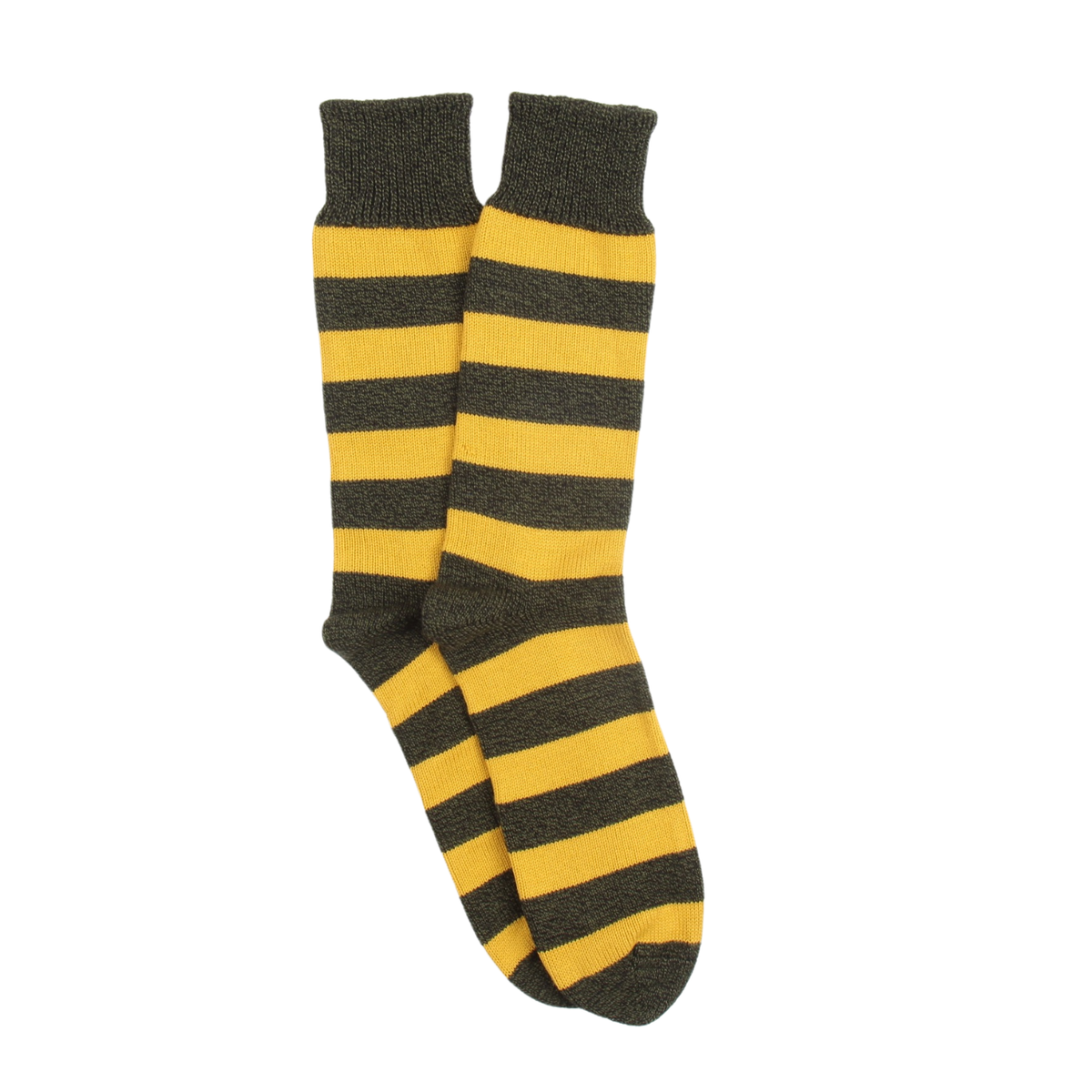 Pair of black and yellow striped socks on a white background