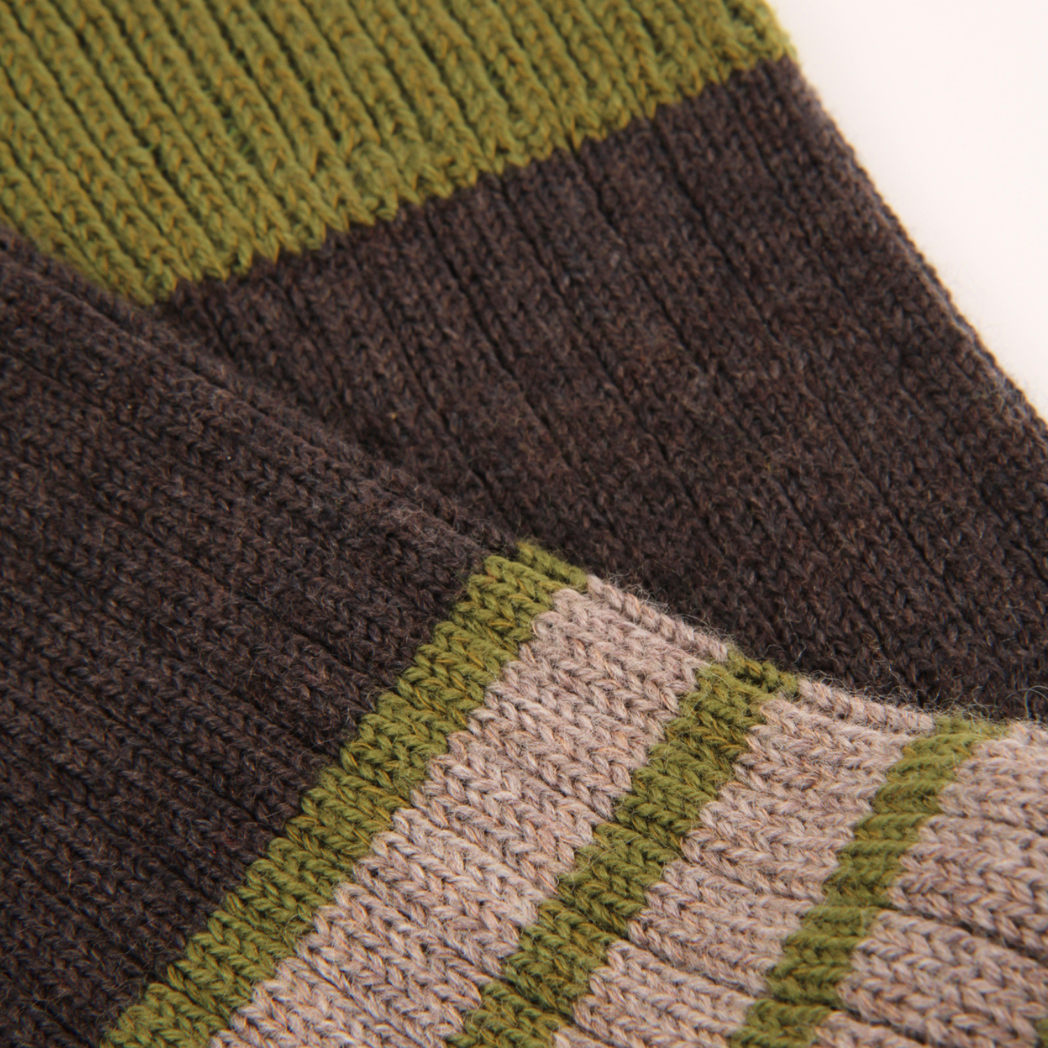 Close-up of a knitted sock showing horizontal stripes in olive green, dark brown, and heathered beige.