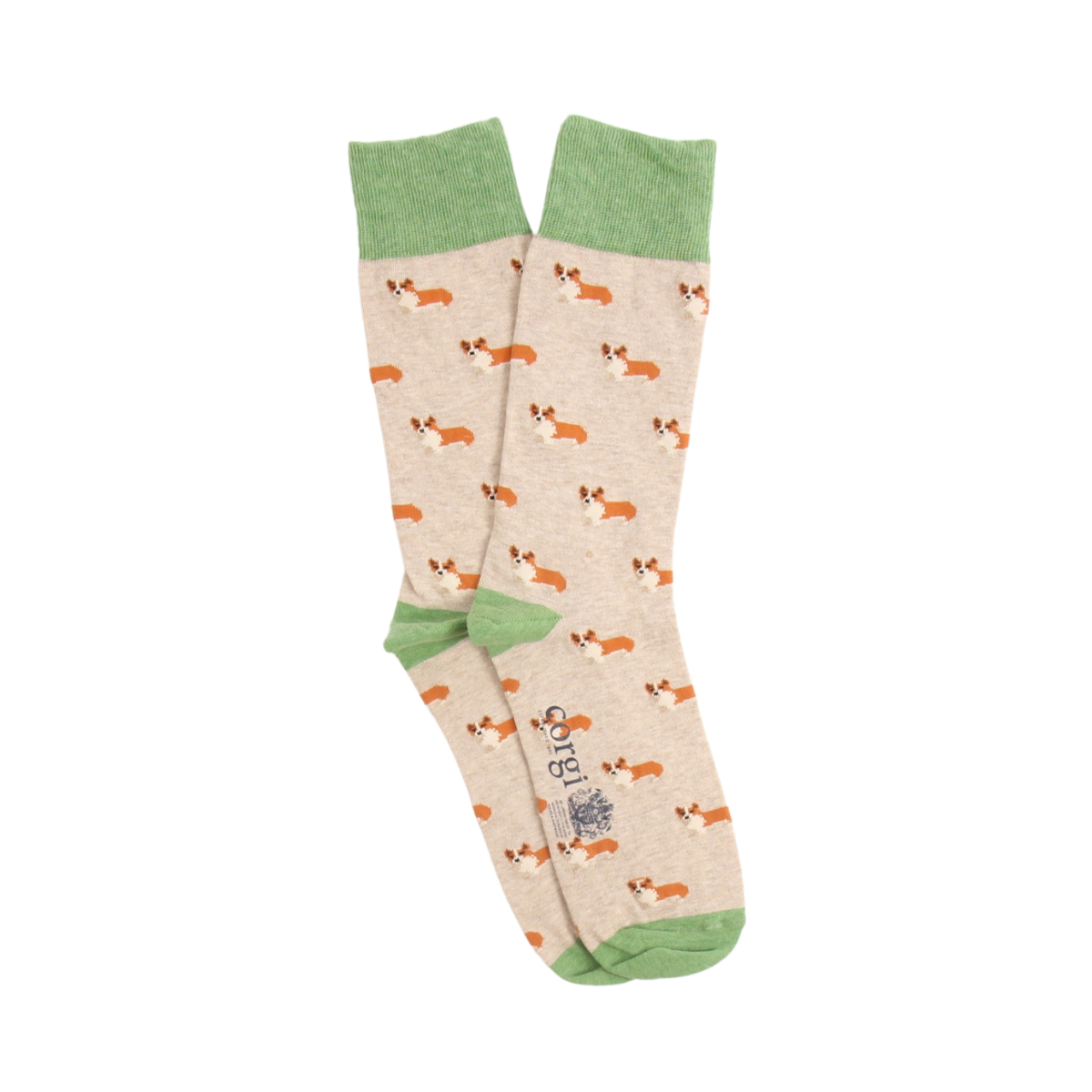 A pair of crew socks with a beige background printed with small orange and white corgi dog illustrations, finished with sage green cuffs, heels, and toes. The brand name 'Corgi' is printed vertically near the foot.