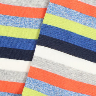 Close-up of striped fabric with orange, blue, green, and grey colours.