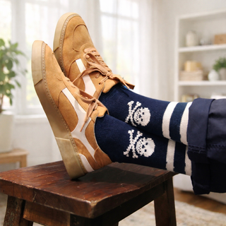 Person wearing tan sneakers and navy socks with white skull designs, sitting on a wooden stool indoors.