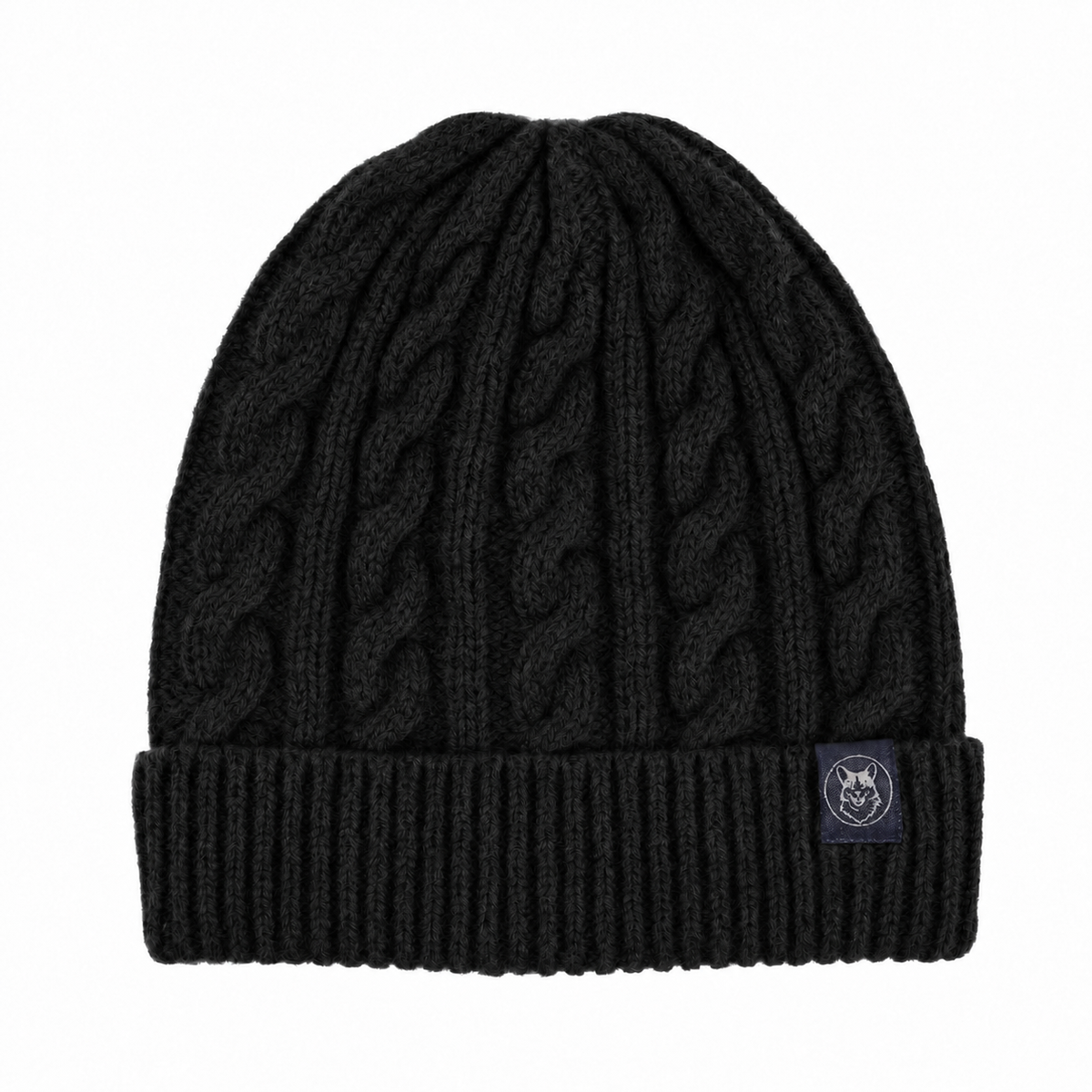 navy cable hat with a turned up edge and small corgi label 