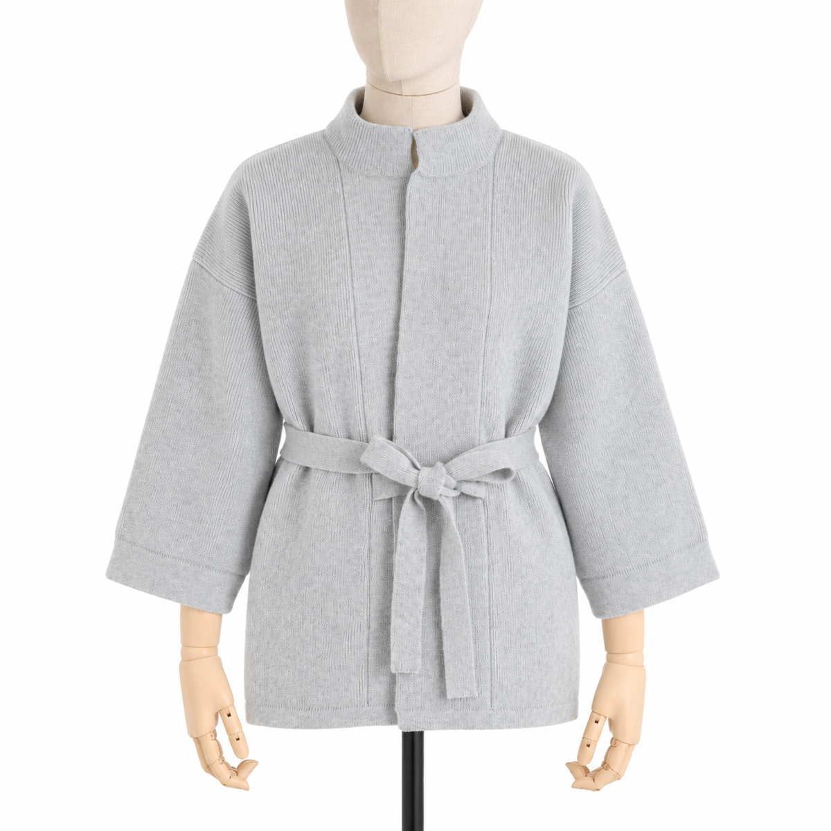 A light gray knit wrap jacket with a stand collar and self-tie belt, displayed on a mannequin against a plain white background.