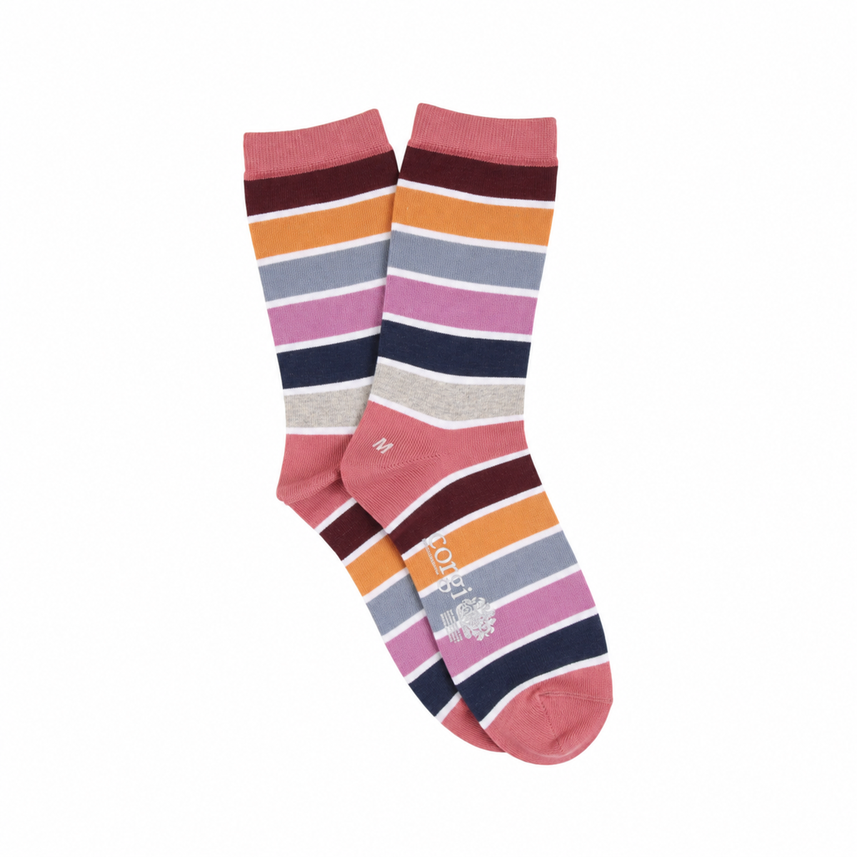 A pair of crew socks with horizontal stripes in pink, orange, gray, navy, and burgundy, featuring a white embroidered maple leaf and the brand name 'Toronto Socks' on the foot.