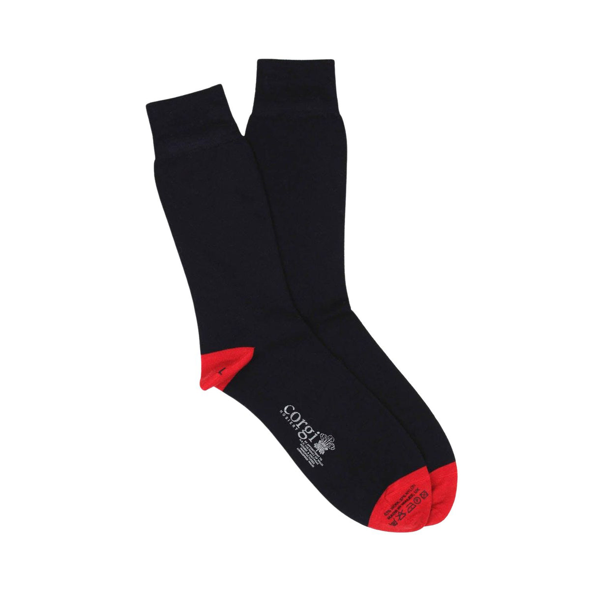 A pair of knitted socks shown flat.