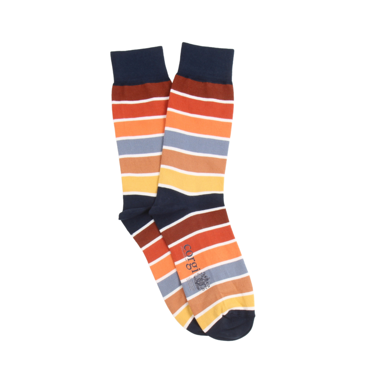 A pair of striped crew socks with horizontal bands of navy, rust red, orange, yellow, light blue, and beige, displayed against a plain white background.