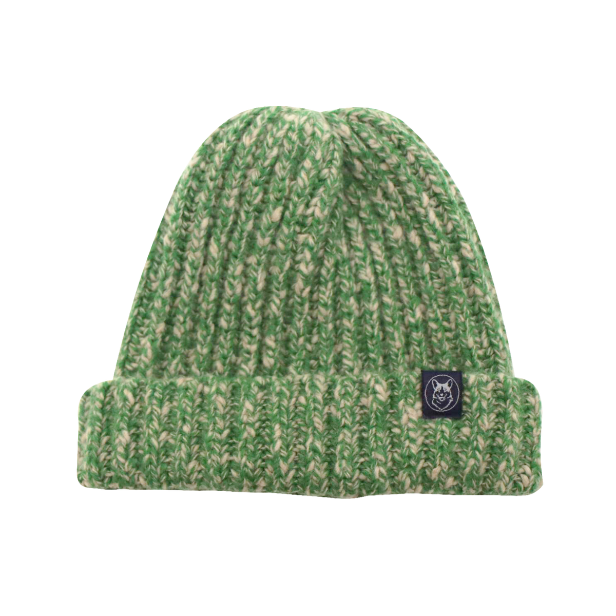 A green and beige marled knit beanie hat with a folded cuff and a small black brand patch on the side, shown against a plain white background.