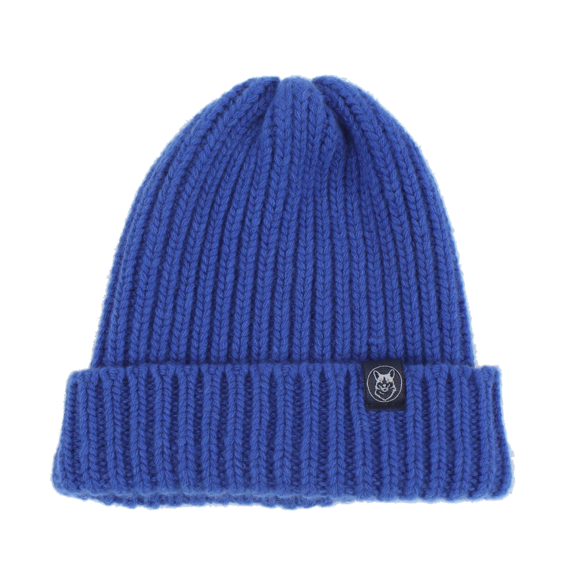 Blue knit beanie with a brand logo on a white background