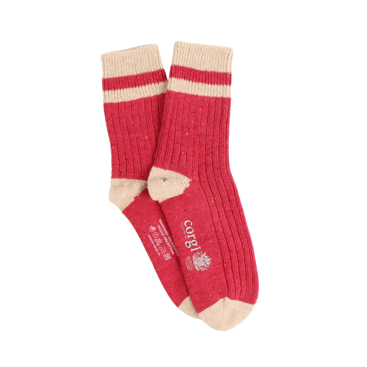 A pair of pink ribbed crew socks with beige toes, heels, and cuffs, featuring the brand name 'Corgi' printed in white on one sock, set against a plain white background.