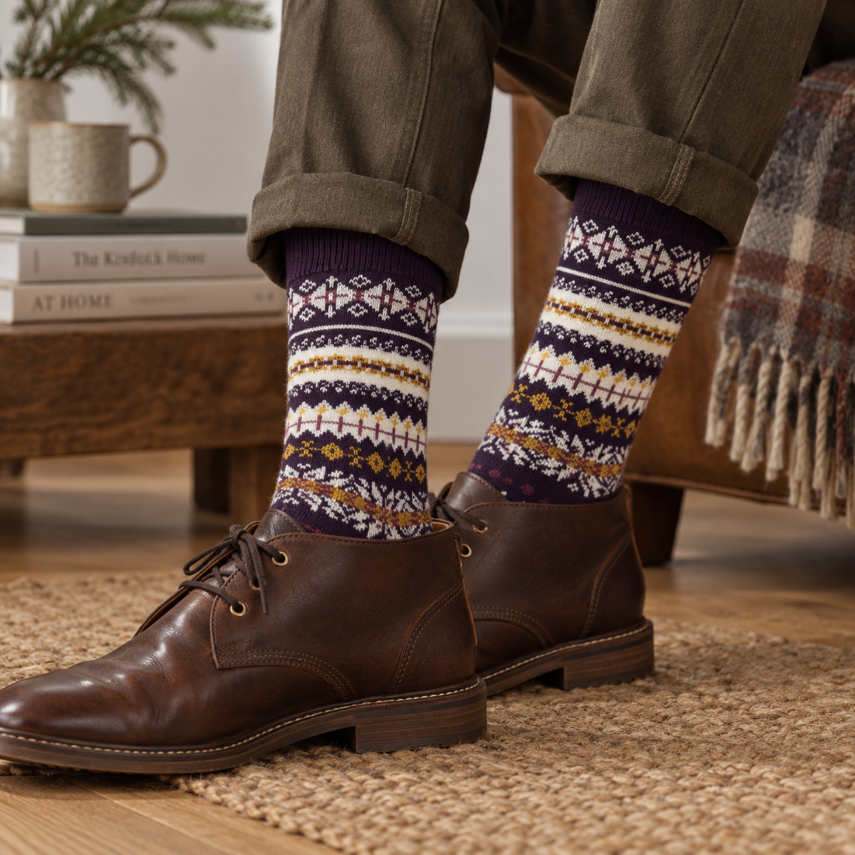 A person wearing patterned knit crew socks with a Fair Isle design in purple, cream, navy, and mustard, paired with brown leather lace-up shoes and olive cuffed trousers in a cozy indoor setting.