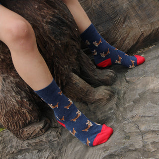 Child wearing blue socks with dog pattern and red toes, sitting on a stone surface.