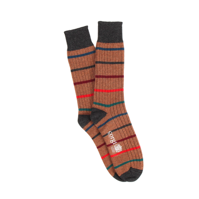 Pair of striped socks with a brand logo on a white background