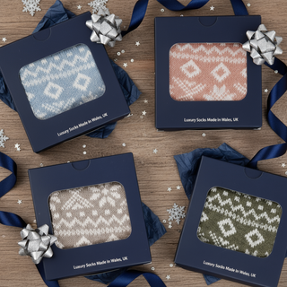 Women's Cashmere & Cotton Fair Isle Socks in gift boxes.