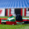Colorful knitted hats on a grassy field with stadium seats in the background