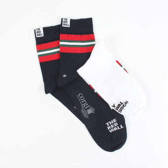 Navy socks with red and green stripes and visible branding on a white background