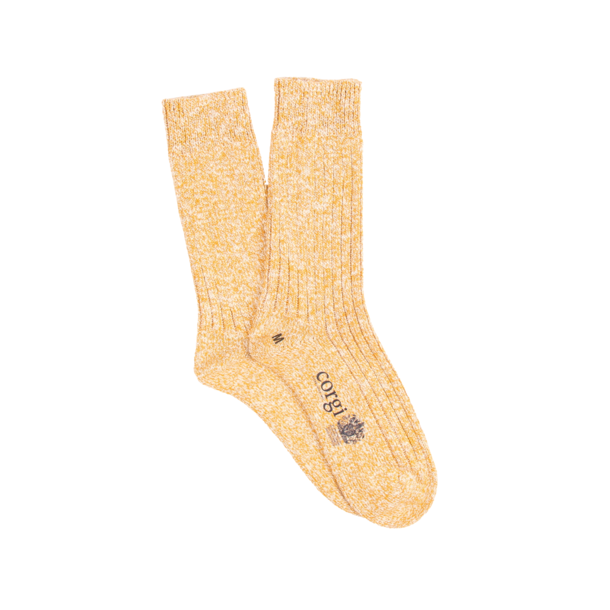 Pair of yellow socks with a brand logo on a white background