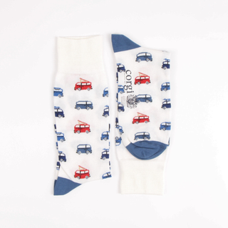 Pair of socks with campervan
 pattern on a white background