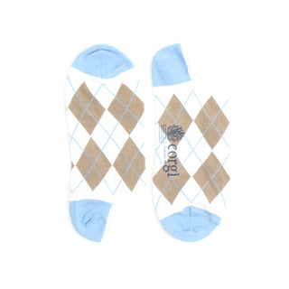 Pair of socks with argyle pattern and blue accents on a white background