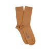 Pair of gold socks with a brand logo on a white background