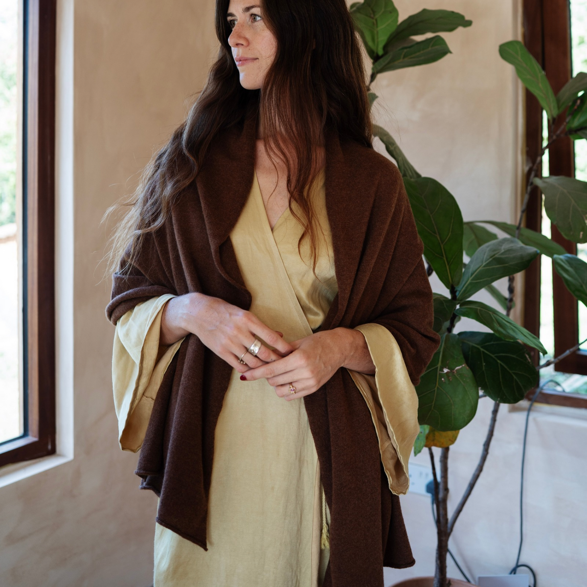 A woman wearing a warm brown shawl draped over a light beige satin dress, standing in a sunlit room with a large green plant in the background.