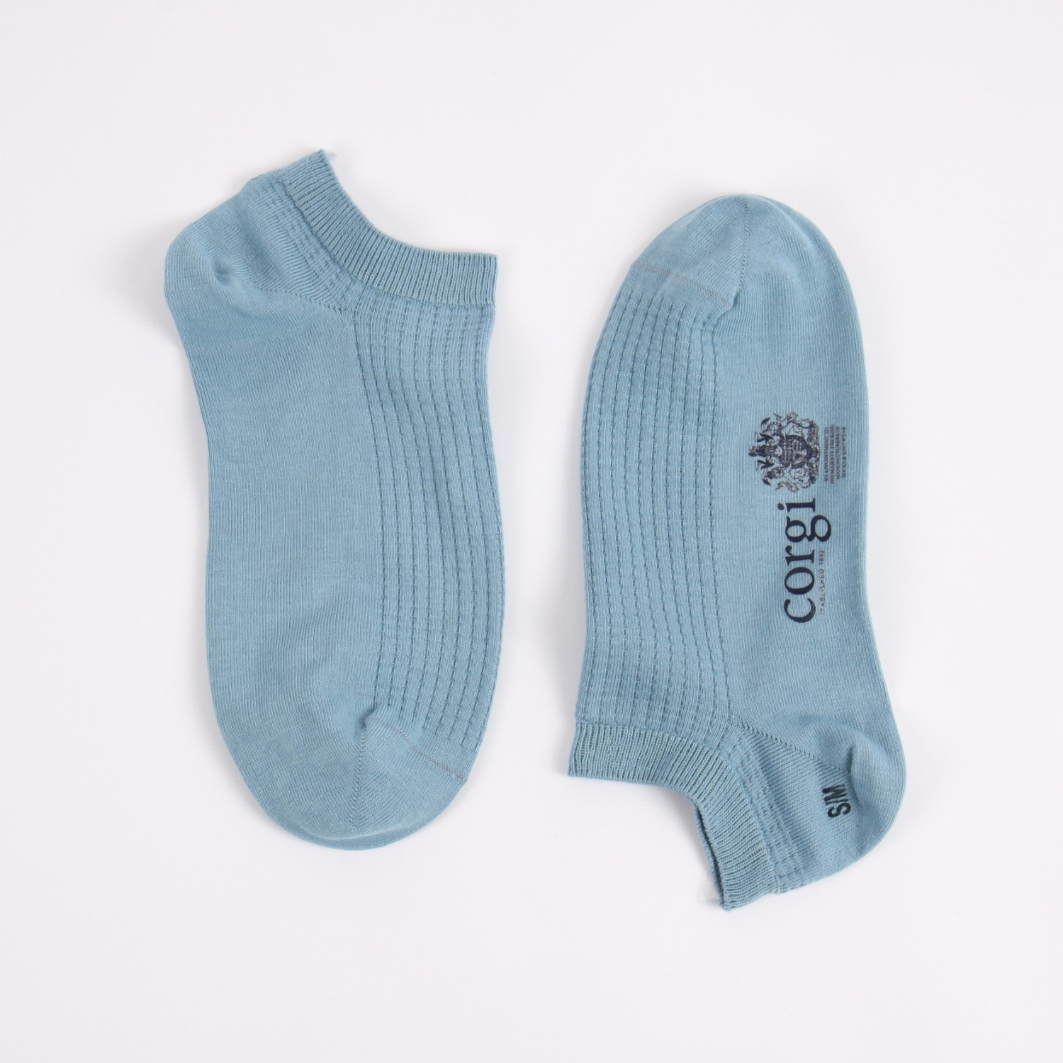 Pair of light blue socks with 'corgi' branding on a white background