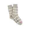 A pair of gray striped women's boot socks with a ribbed style and pink detailing on the toe.