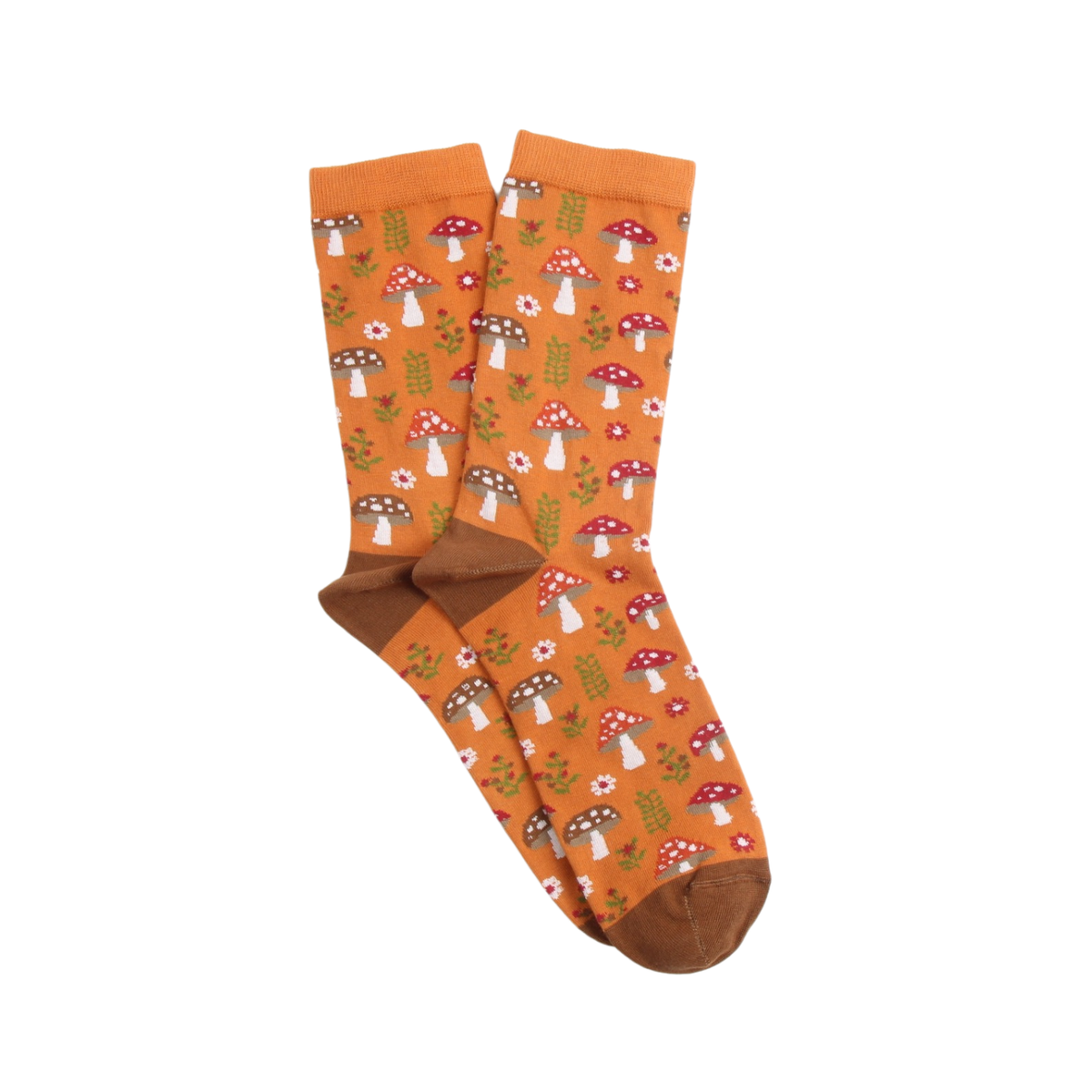 Orange socks with mushroom pattern on a white background