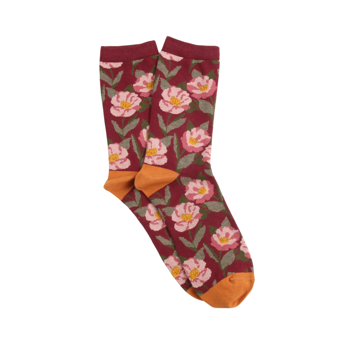 Floral patterned socks with orange toes on a white background