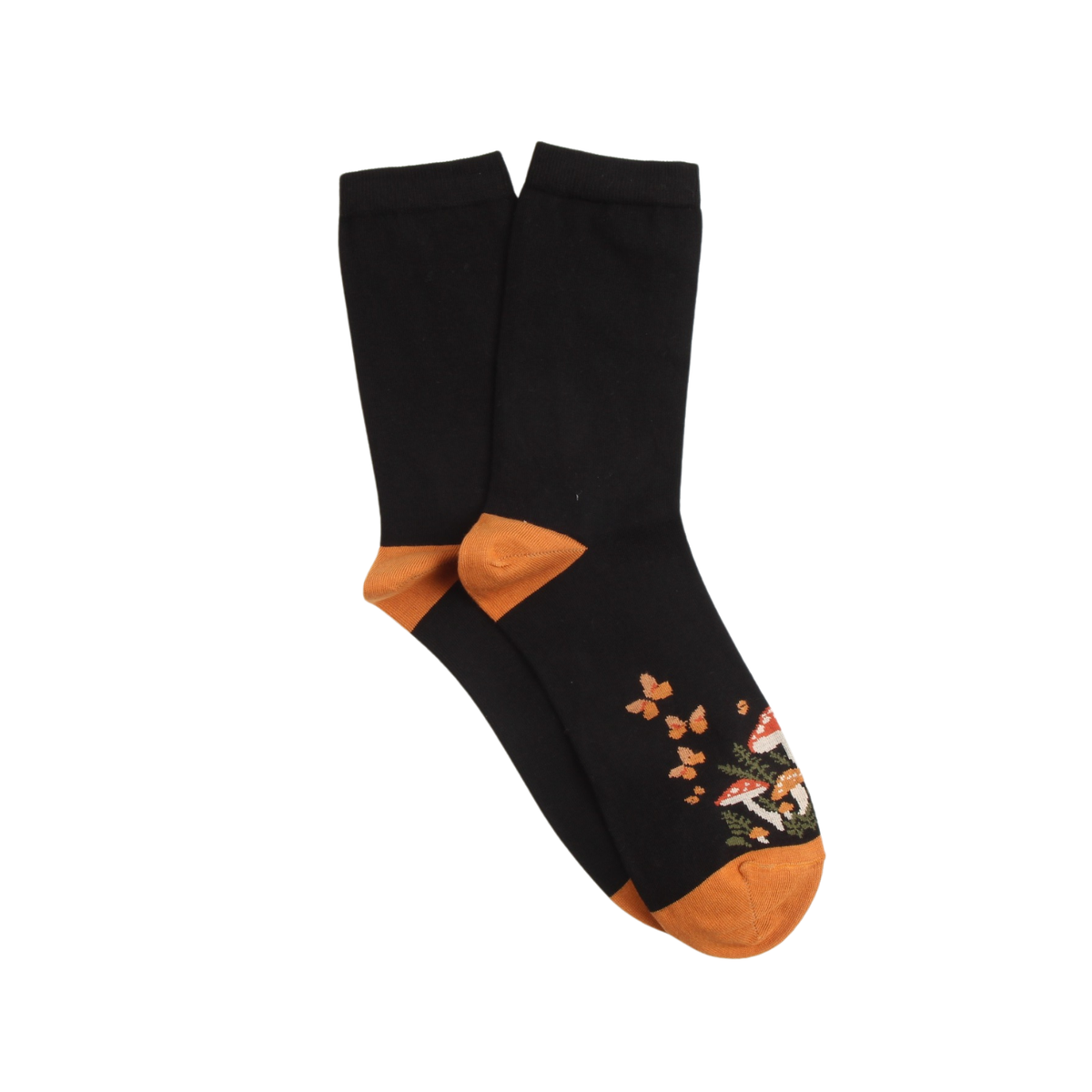 Black sock with orange accents and mushroom design on a white background