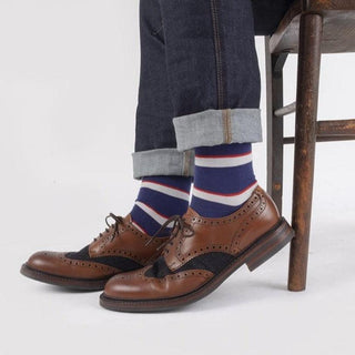 Men's lightweight cotton-blend navy, white and red stripe sock inspired by the Army Air Corp Regiment, by Corgi Socks.