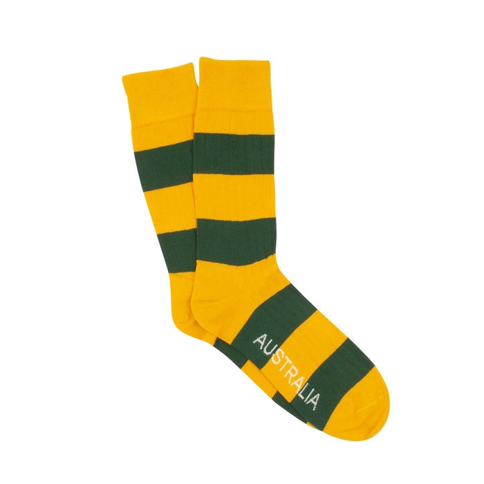 Men's lightweight cotton-blend yellow and deep green stripe sock inspired by Australia, by Corgi Socks.