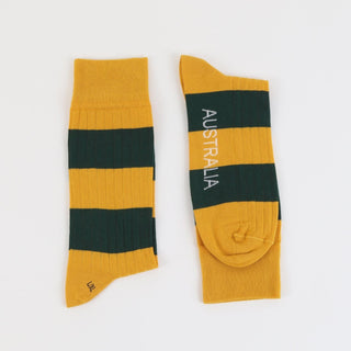 Men's lightweight cotton-blend yellow and deep green stripe sock inspired by Australia, by Corgi Socks.