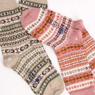Two pairs of patterned socks, one beige with brown and white designs and the other pink with orange patterns, on a white background.
