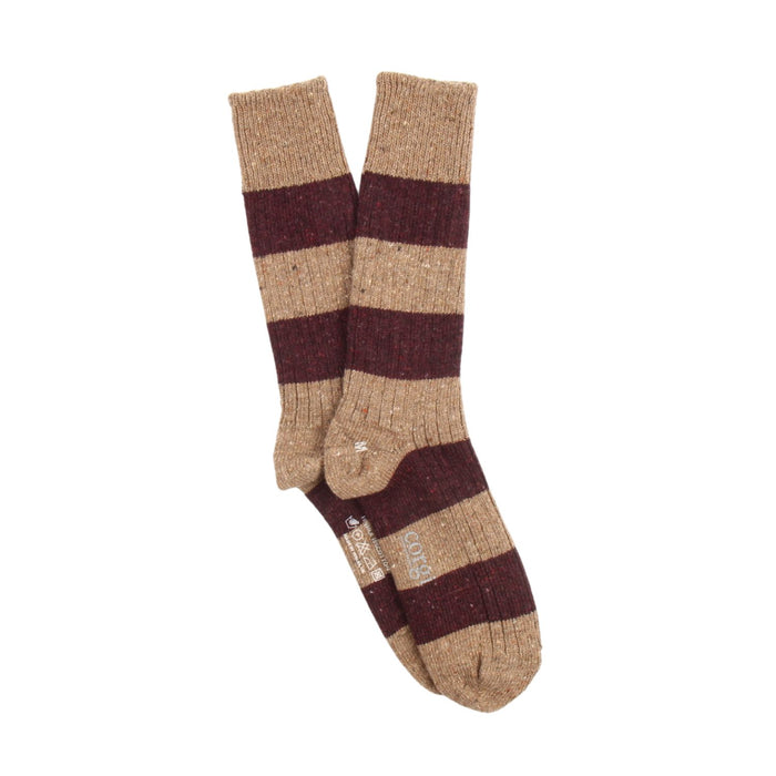Pair of brown and maroon striped socks on a white background