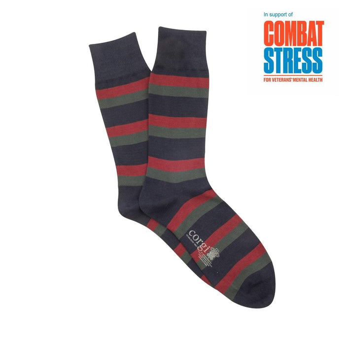 Men's lightweight cotton-blend navy, red and green stripe sock inspired by The Black Watch, by Corgi Socks.