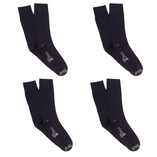 Four pairs of black socks with a brand logo on a white background